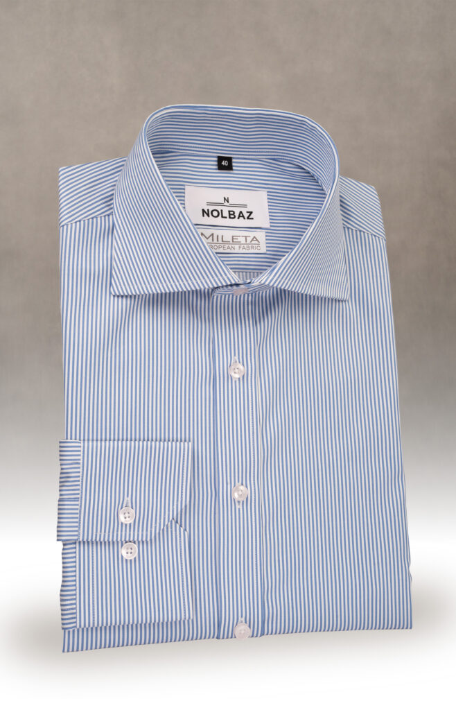 Koszula męska niebiesko biały prążek z kołnierzem włoskim