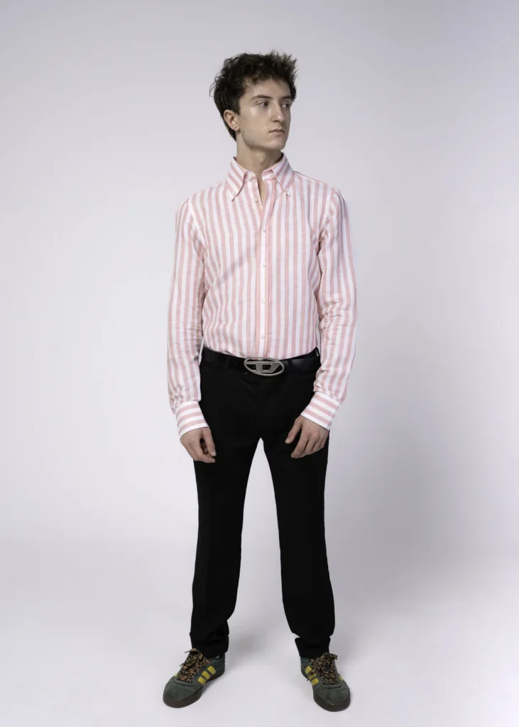Koszula męska lniana SLIM FIT - Offwhite w paski - Button Down