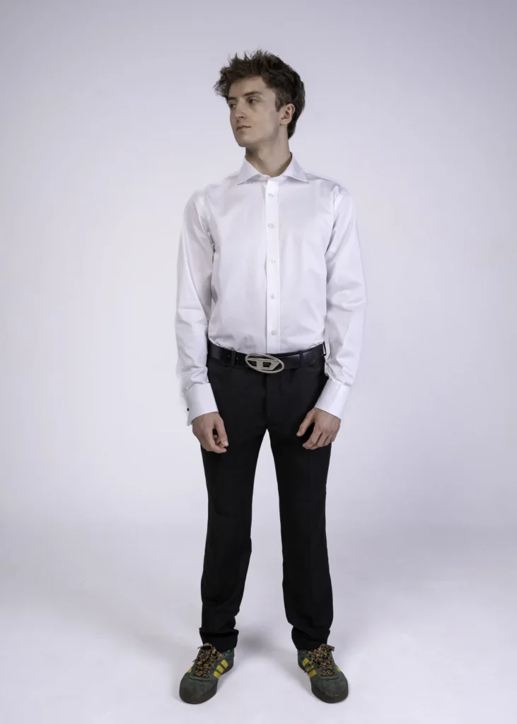 Koszula męska Twill SLIM FIT - Biała - Mankiety na spinki - Kołnierz Half Italian